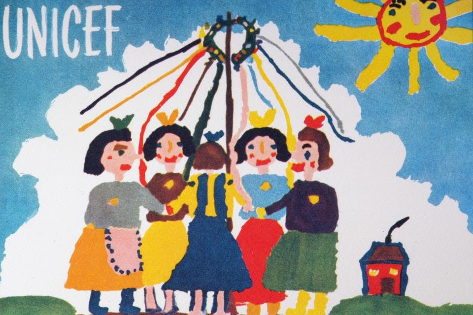 Det första UNICEF-vykortet, flickor med färgglada band